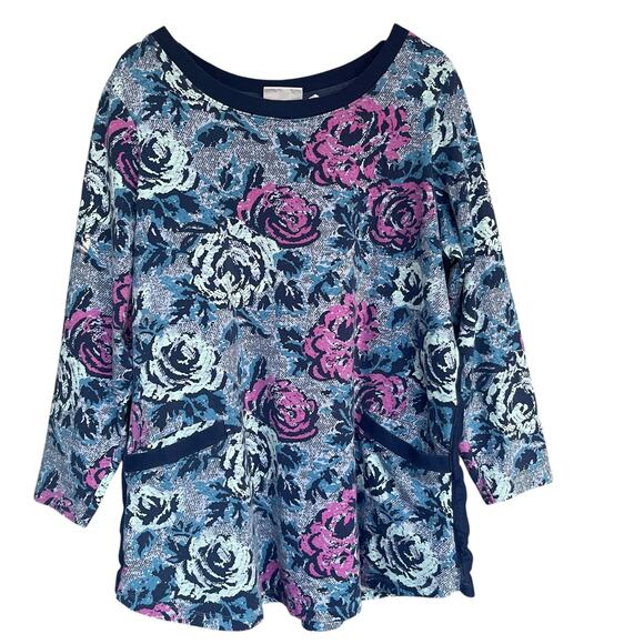 QVC Denim & Company Sweater Womens 1X Floral Long Sleeve Pullover Pockets Casual - Picture 1 of 10